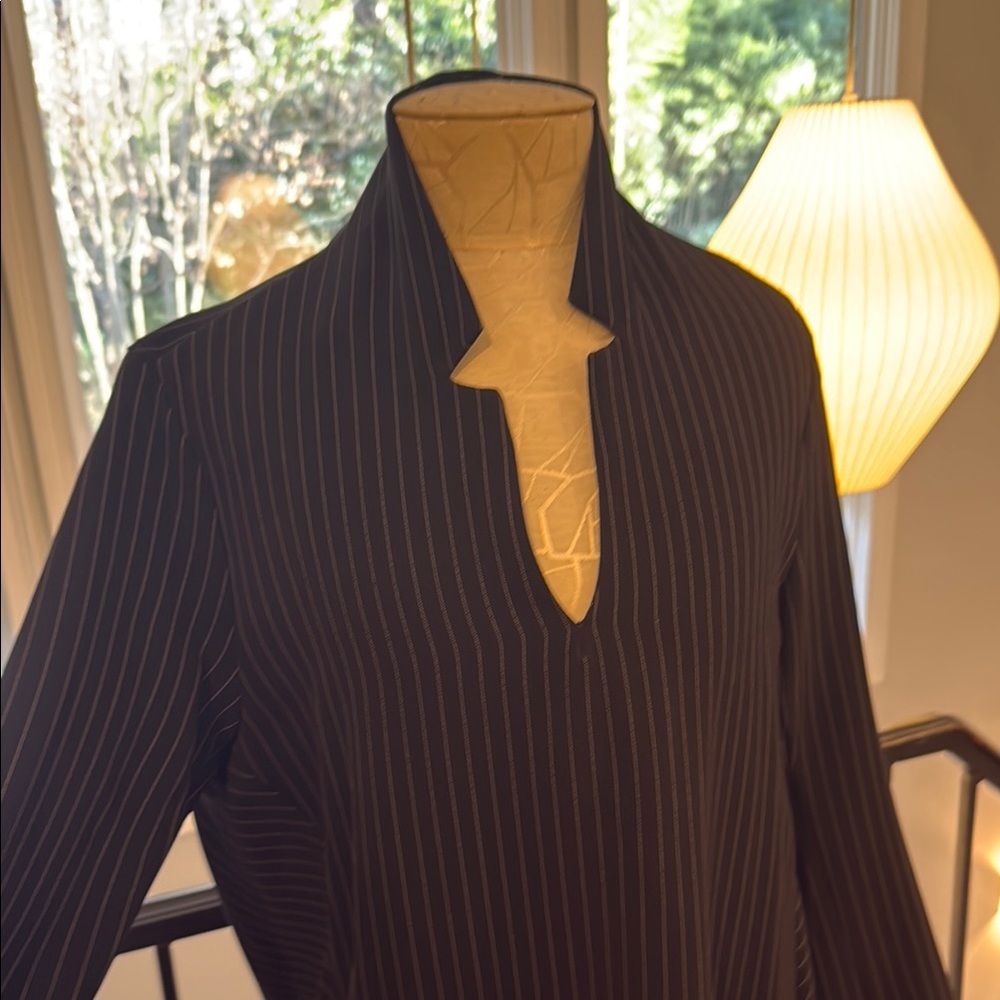 ELM Pinstriped Black Dress with Mandarin Collar and Bishop Sleeves - Picture 6 of 11